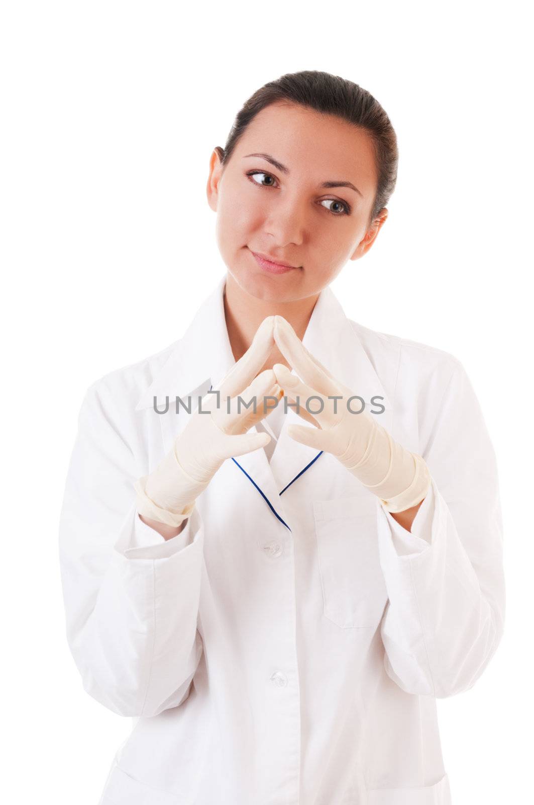 Thoughtful nurse in gloves isolated on white background