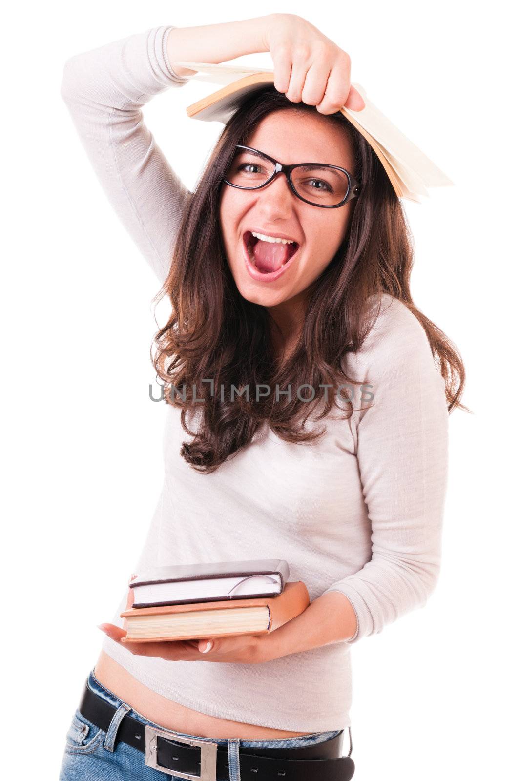 Shouting student with books isolated on white background