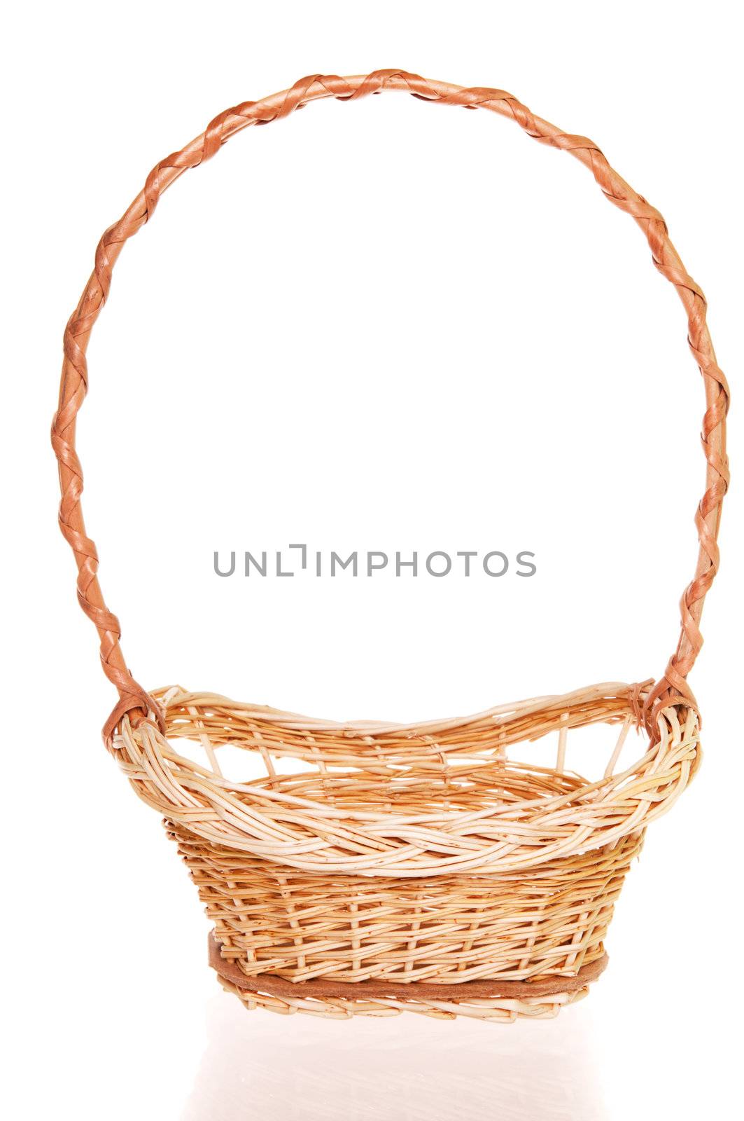 Empty wicker basket with reflection on white background