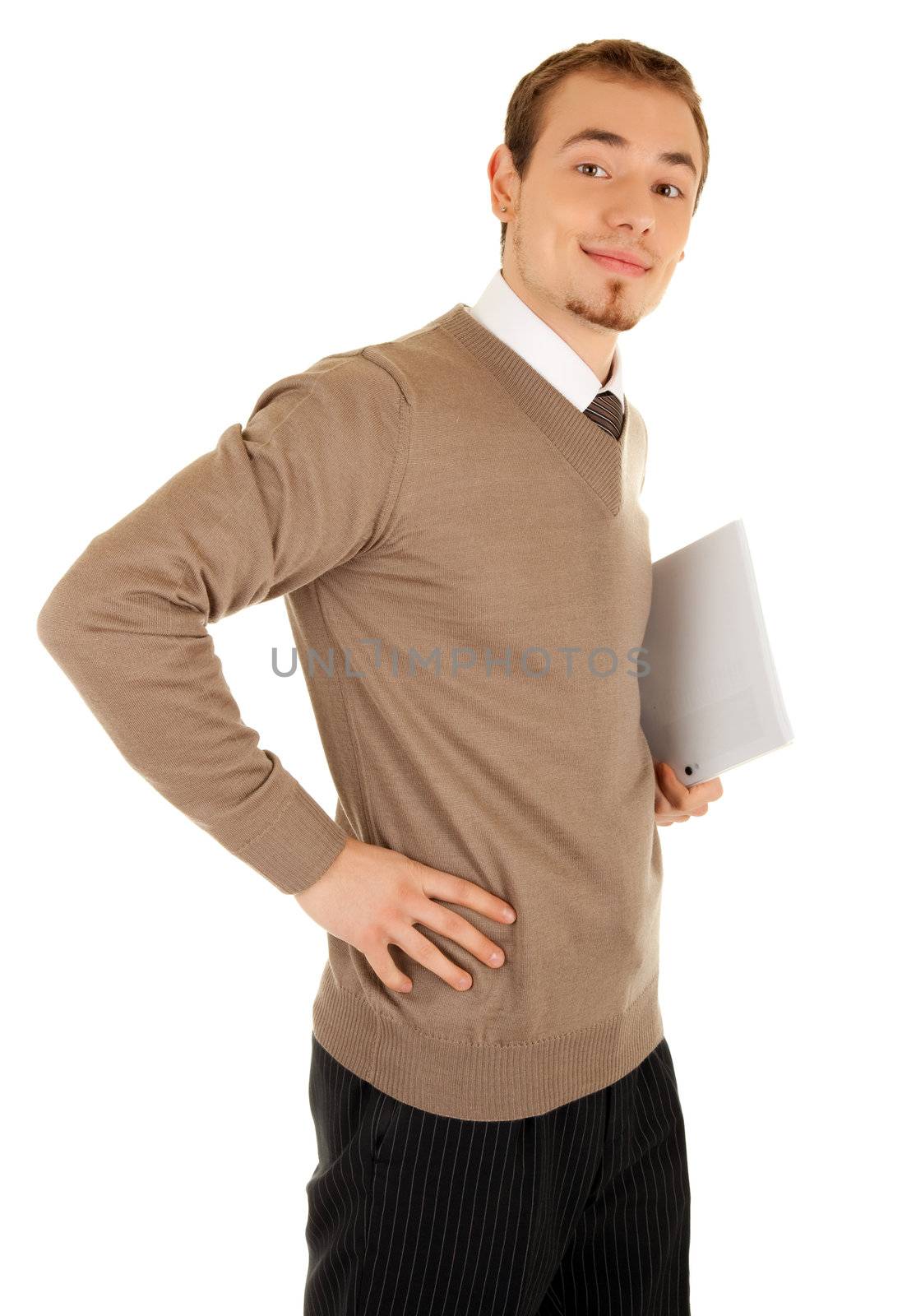 Smiling business man with documentation isolated on white.