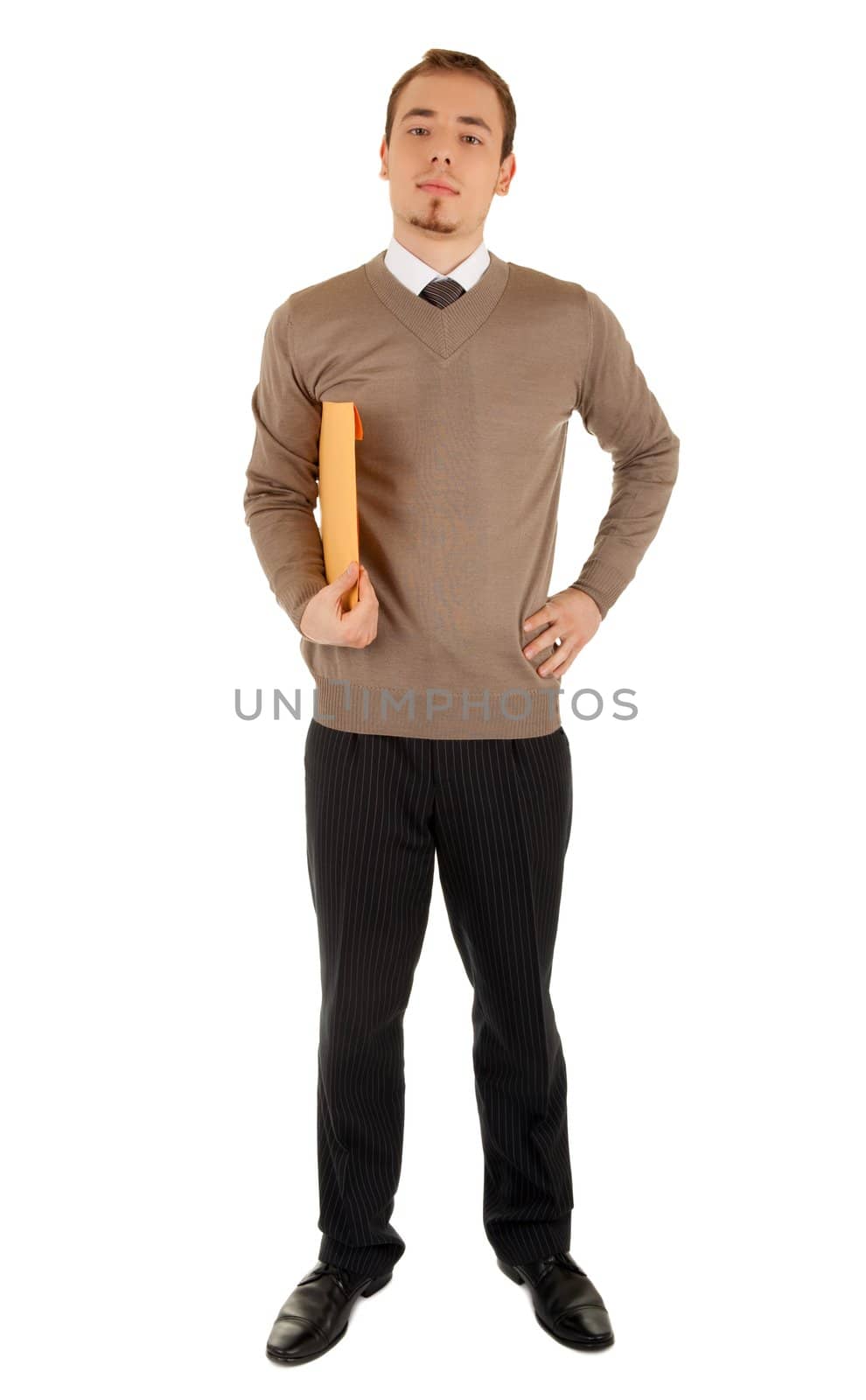 Serious business man with a yellow post package isolated on white.