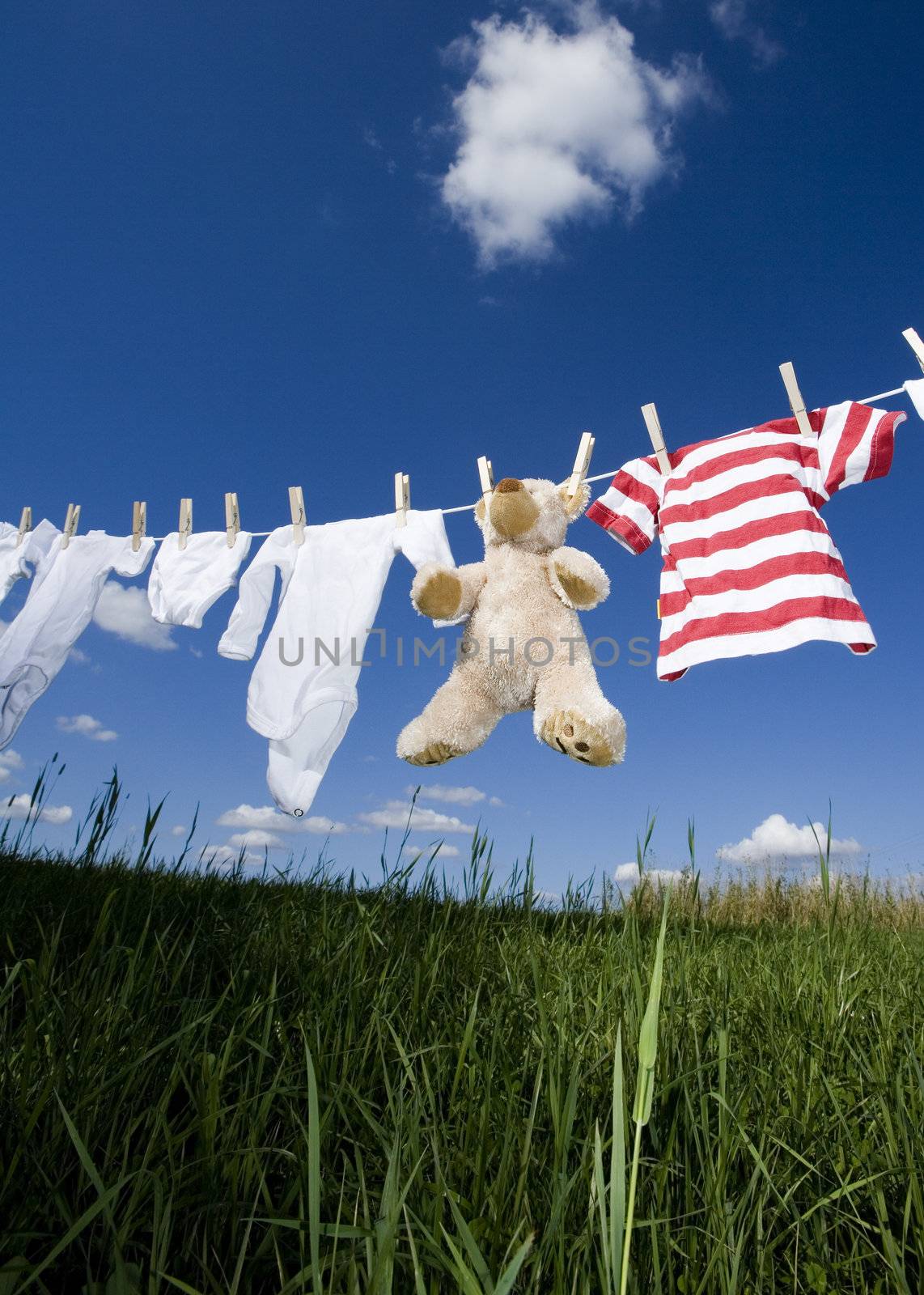 Baby Clothing and a teddybear on a clothesline towards blue sky