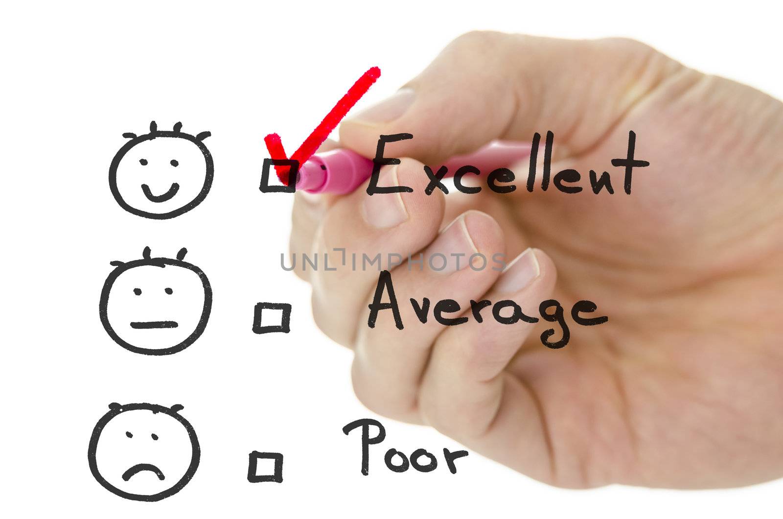 Male hand choosing excellent on a customer service evaluation form on a virtual whiteboard.