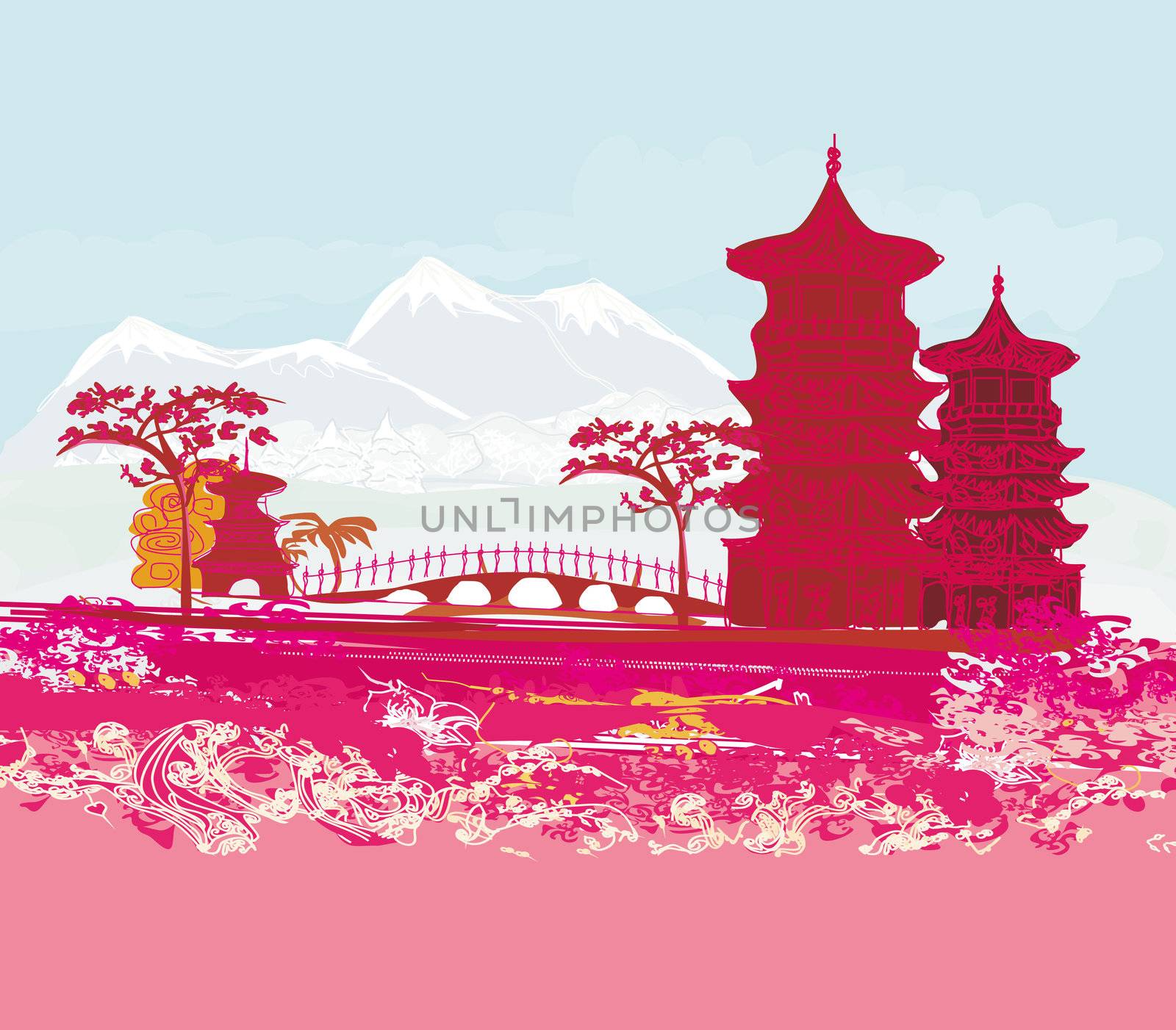 old paper with Asian Landscape