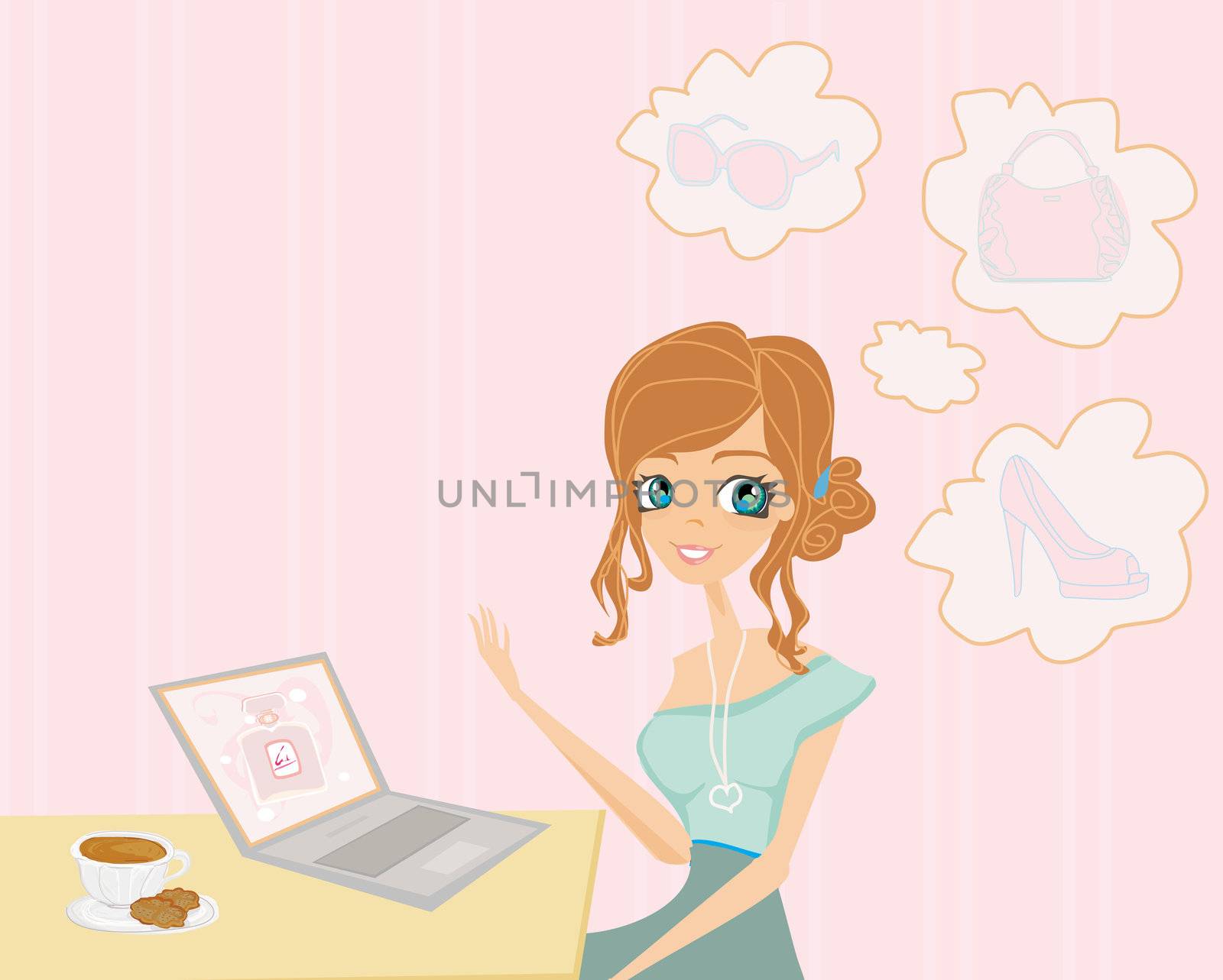 Online shopping - young smiling woman sitting with laptop computer