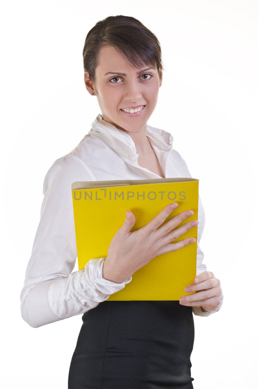 Portrait of a happy business woman holding a file folder 
