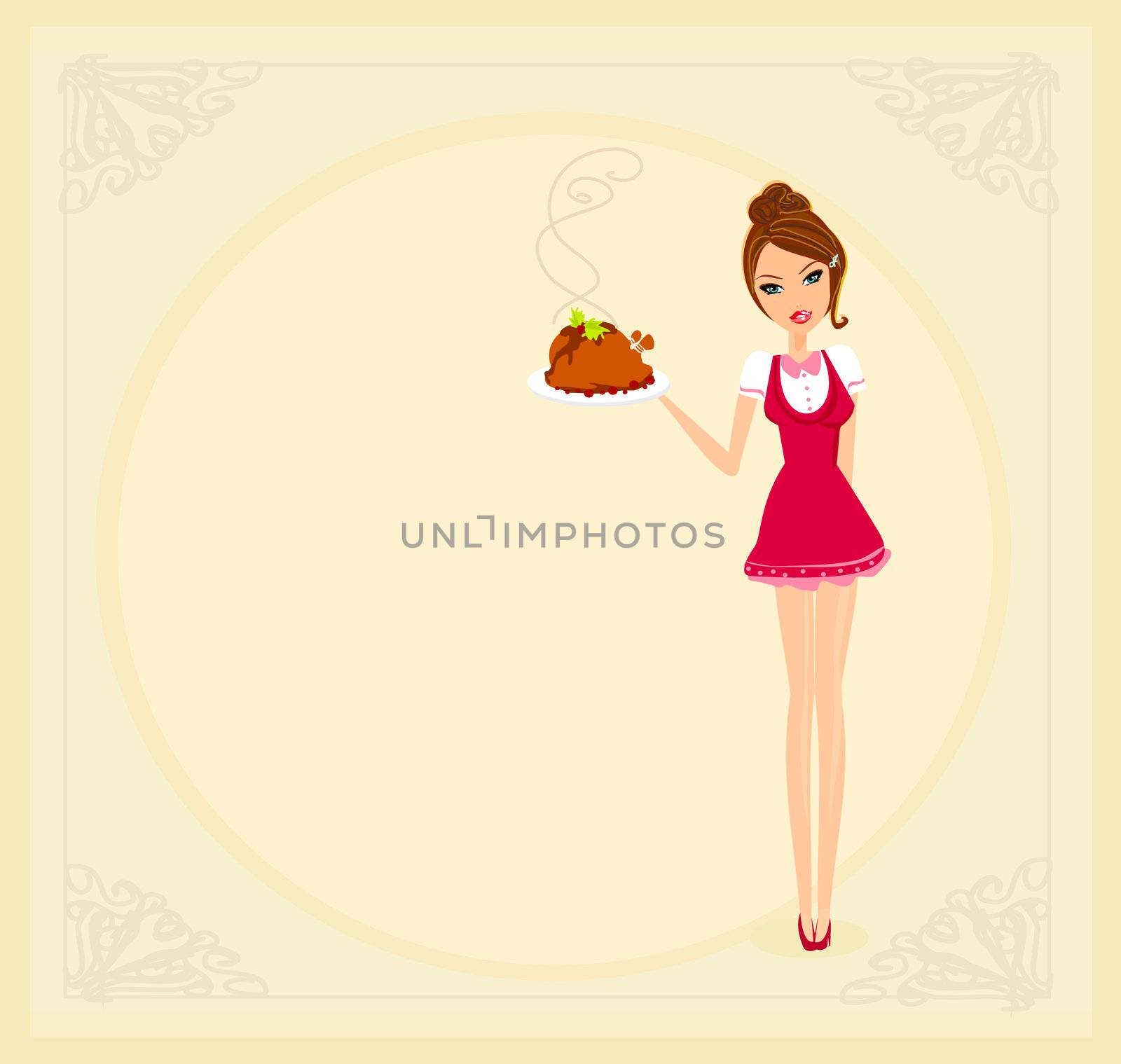 Beautiful Waitress serving a chicken