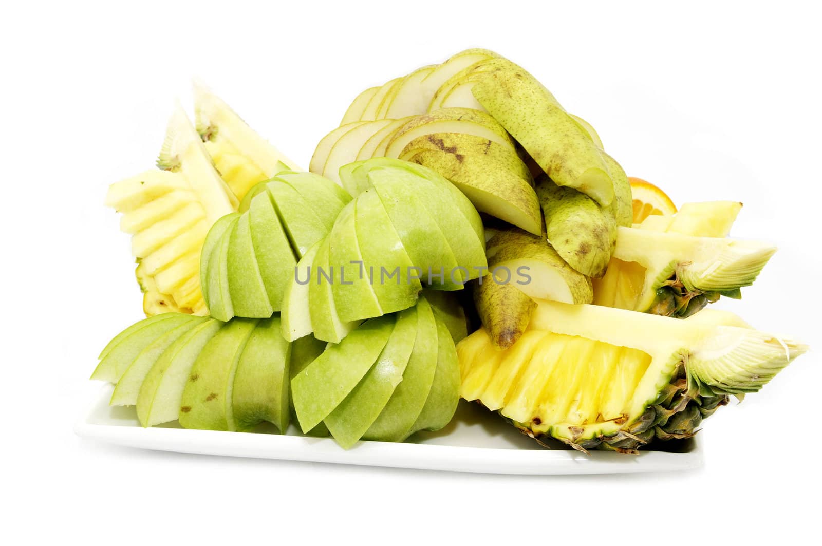 a plate of fresh juicy fruits on a white background