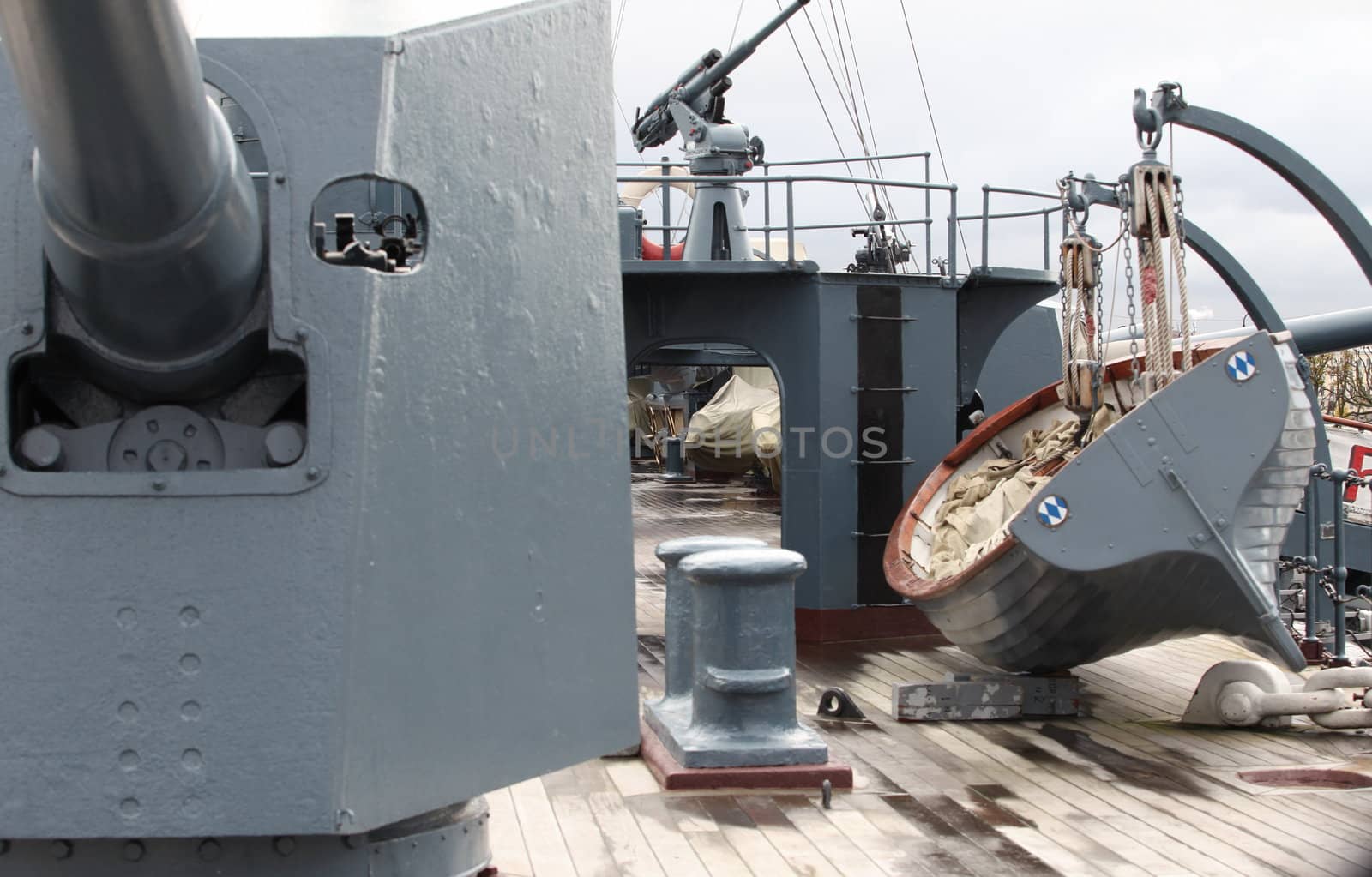 lifeboat on the deck of a warship