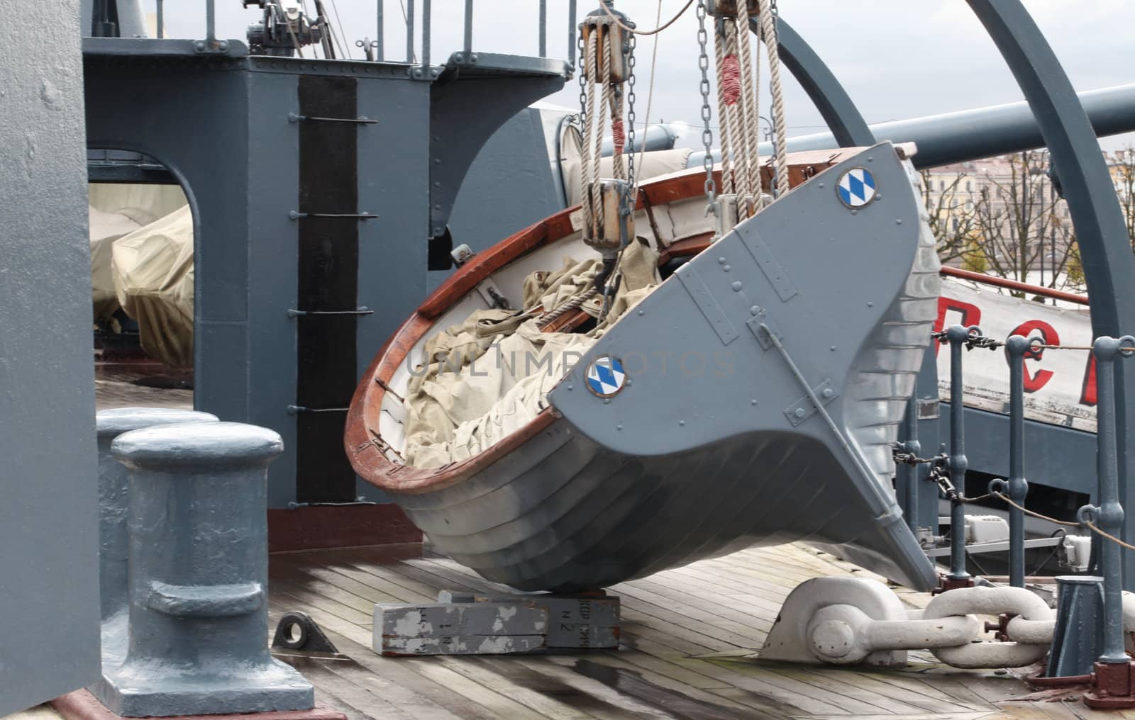 lifeboat on the deck of a warship