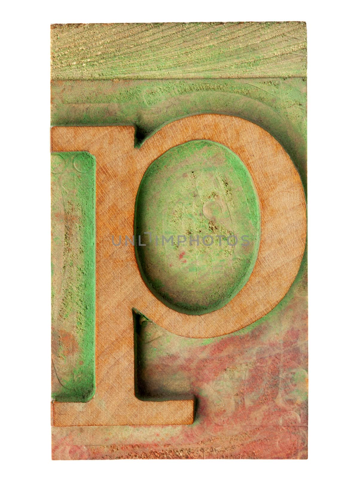 isolated letter p in vintage letterpress wood type stained by color ink