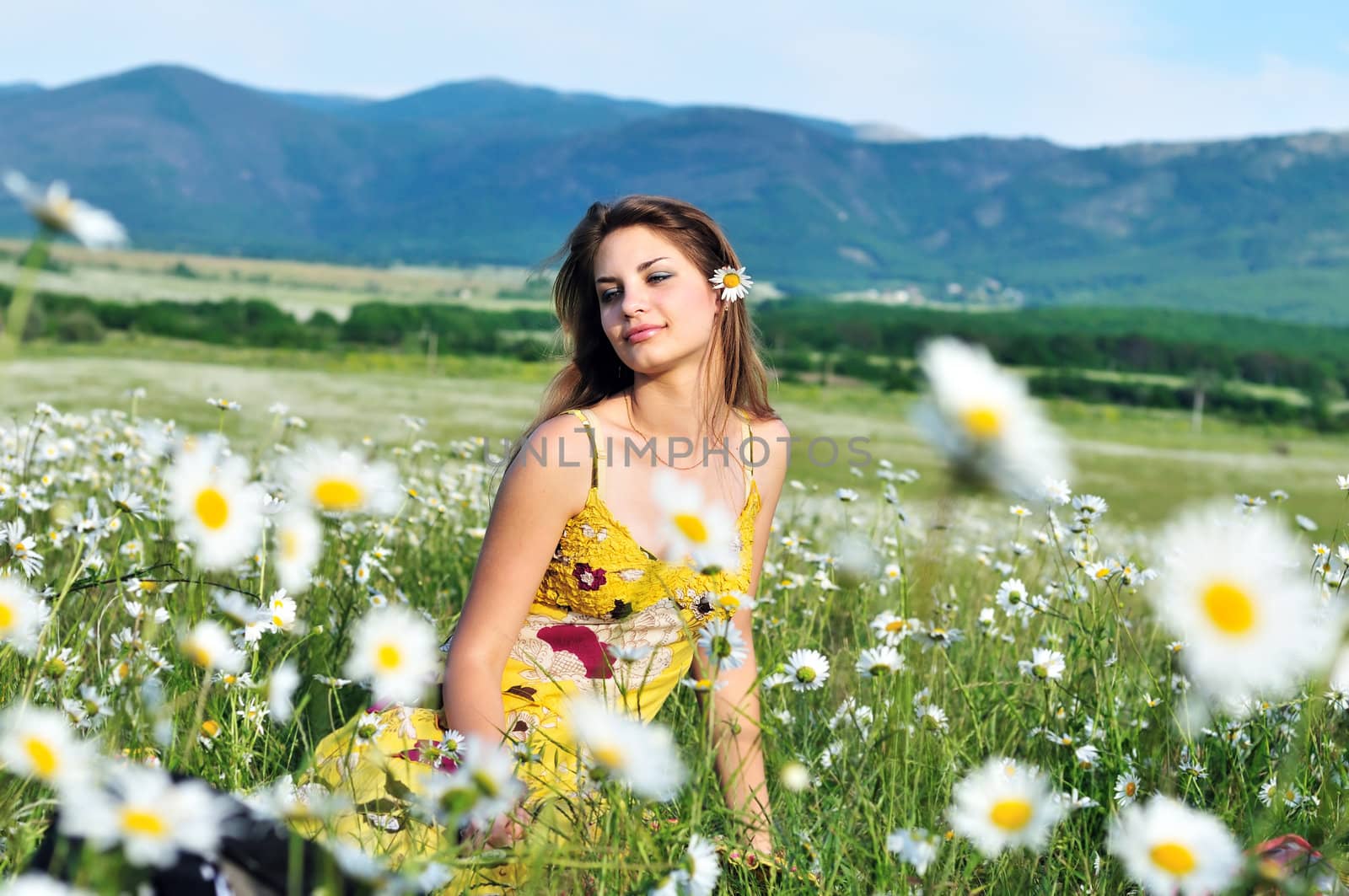 girl relaxing in the daisy field with flower in her hair