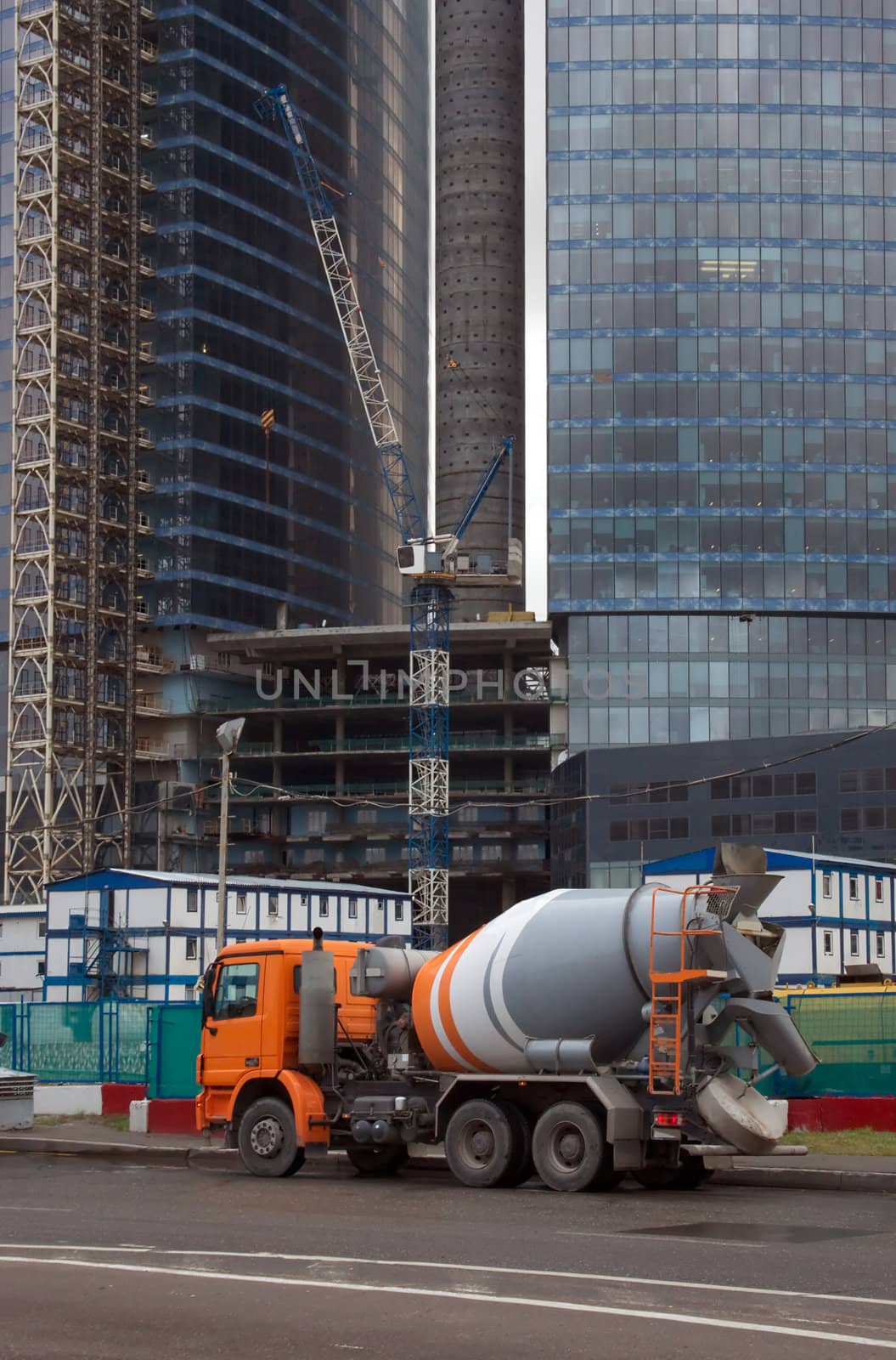 Truck mixer machine at a construction site in Moscow