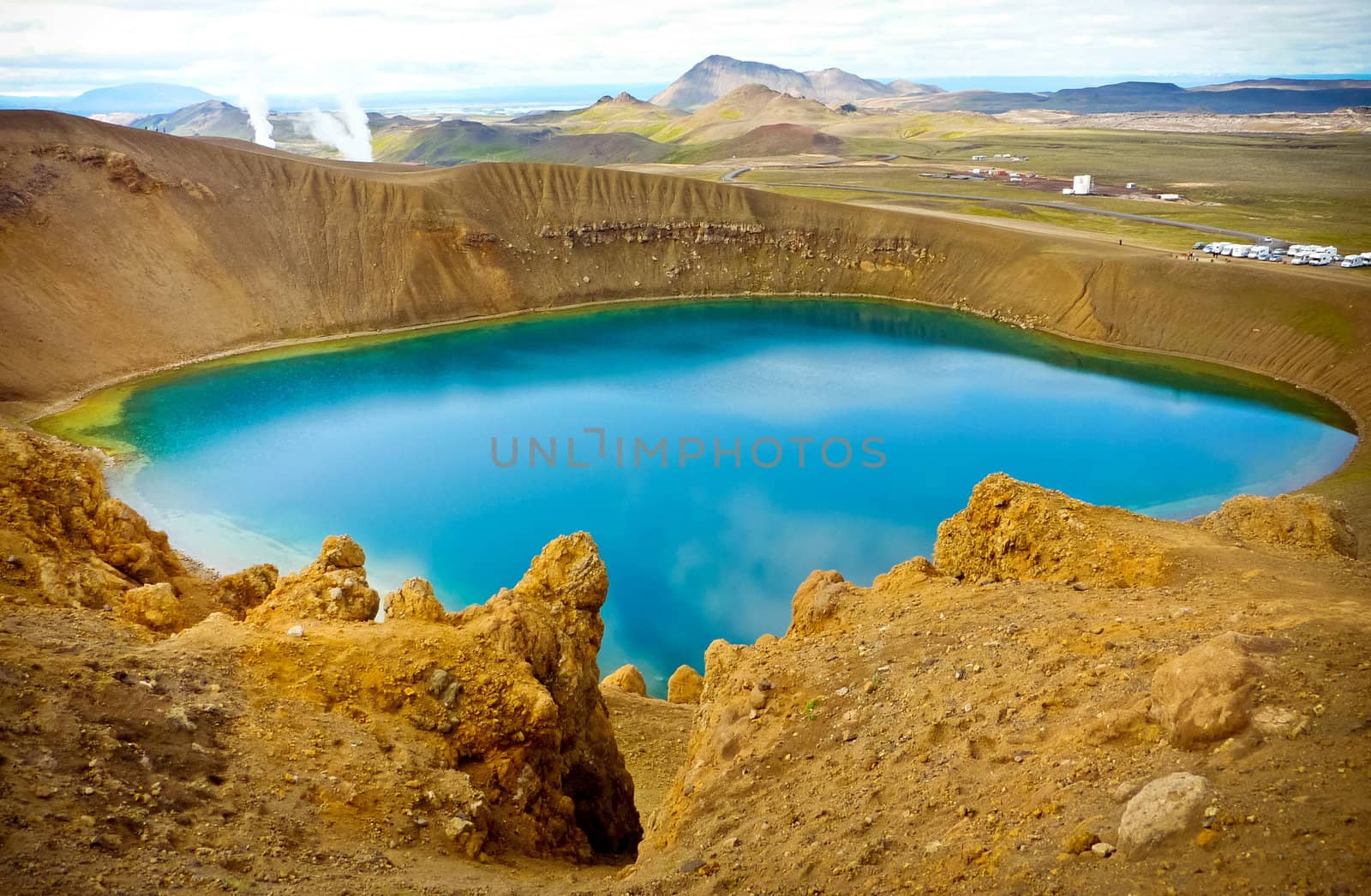 Blue sky volcanic lake in rural iceland