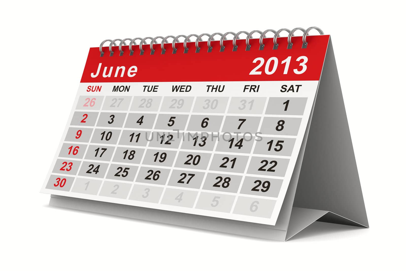 2013 year calendar. June. Isolated 3D image