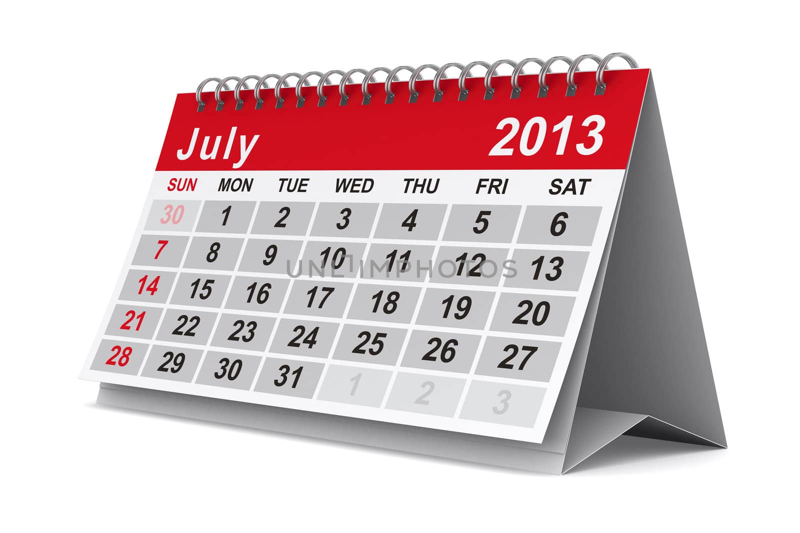 2013 year calendar. July. Isolated 3D image