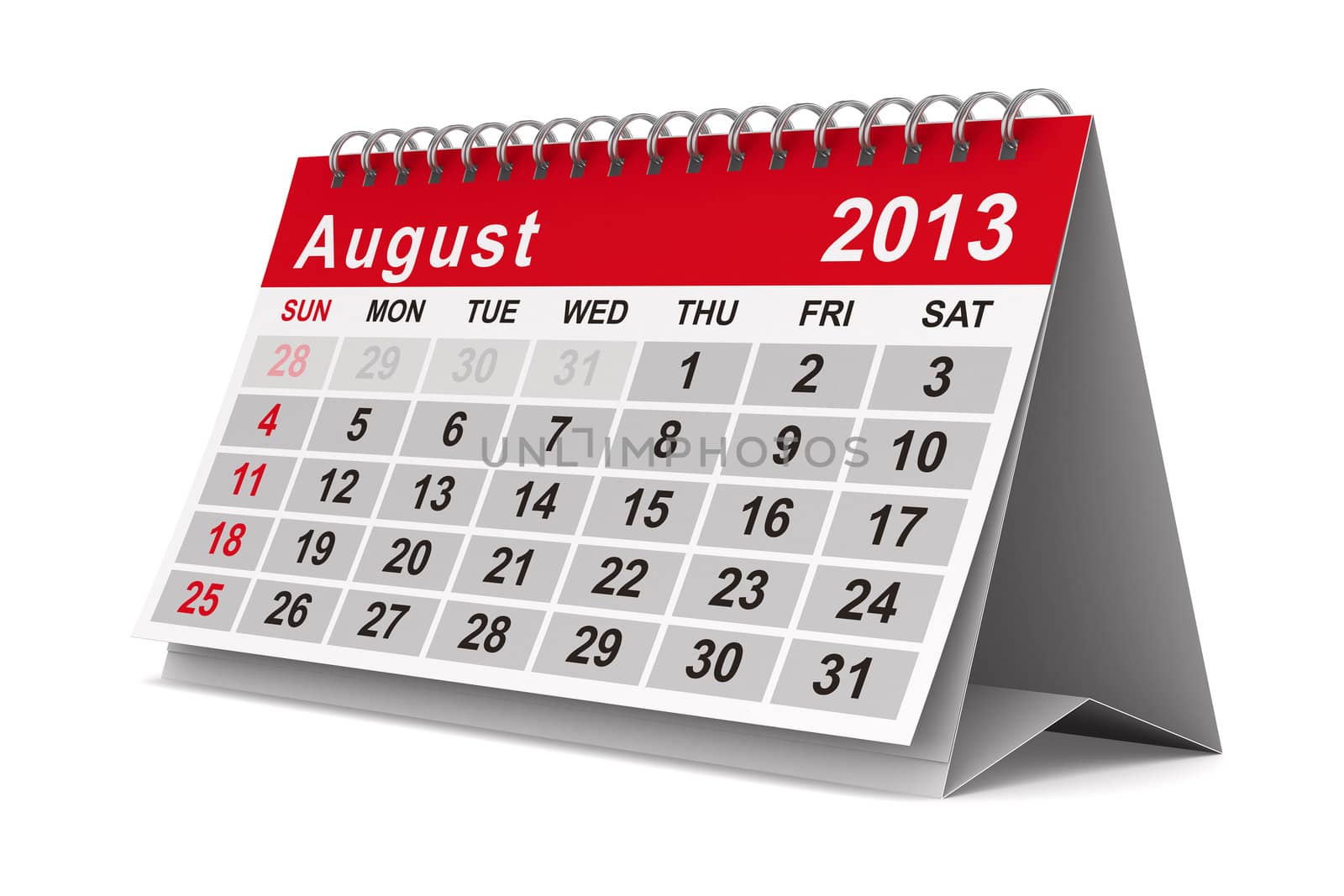 2013 year calendar. August. Isolated 3D image