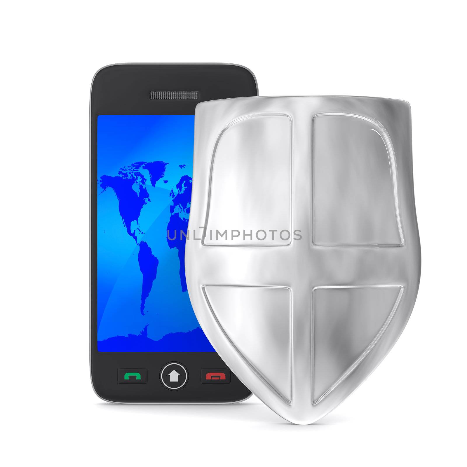 phone and shield on white background. Isolated 3D image