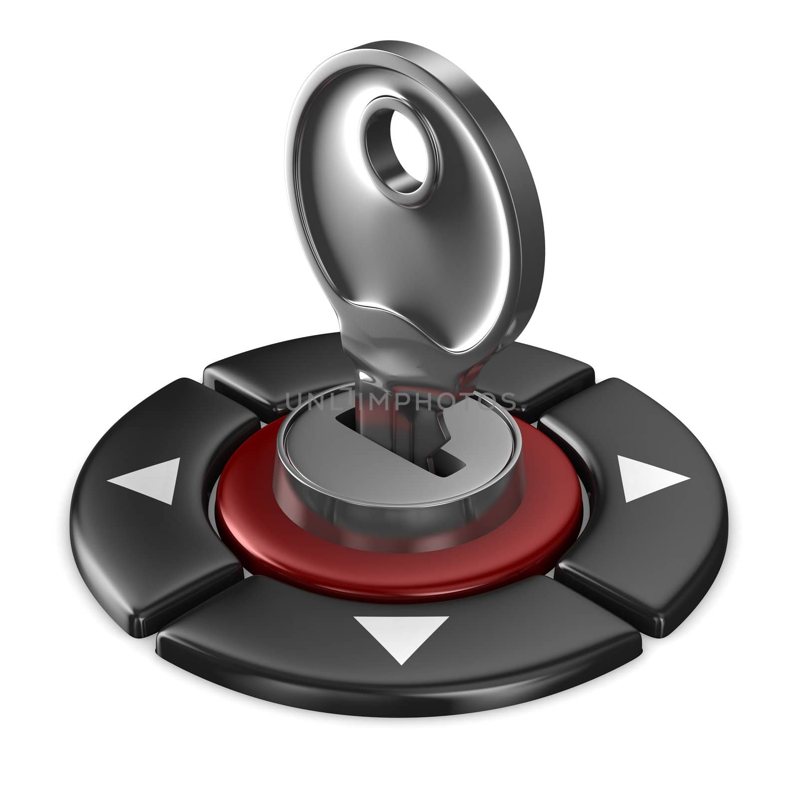 red button and key on white background. Isolated 3D image