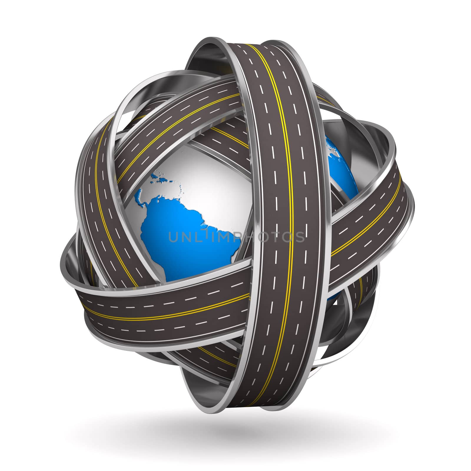 Roads round globe on white background. Isolated 3D image