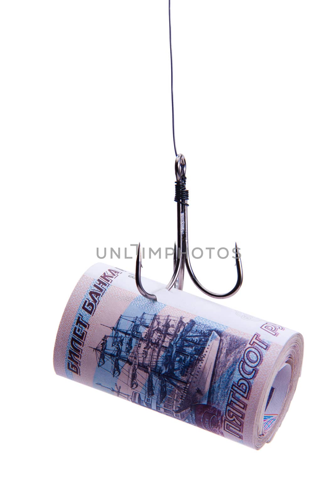 twisting banknotes hanging on a fishing treble hook. isolated