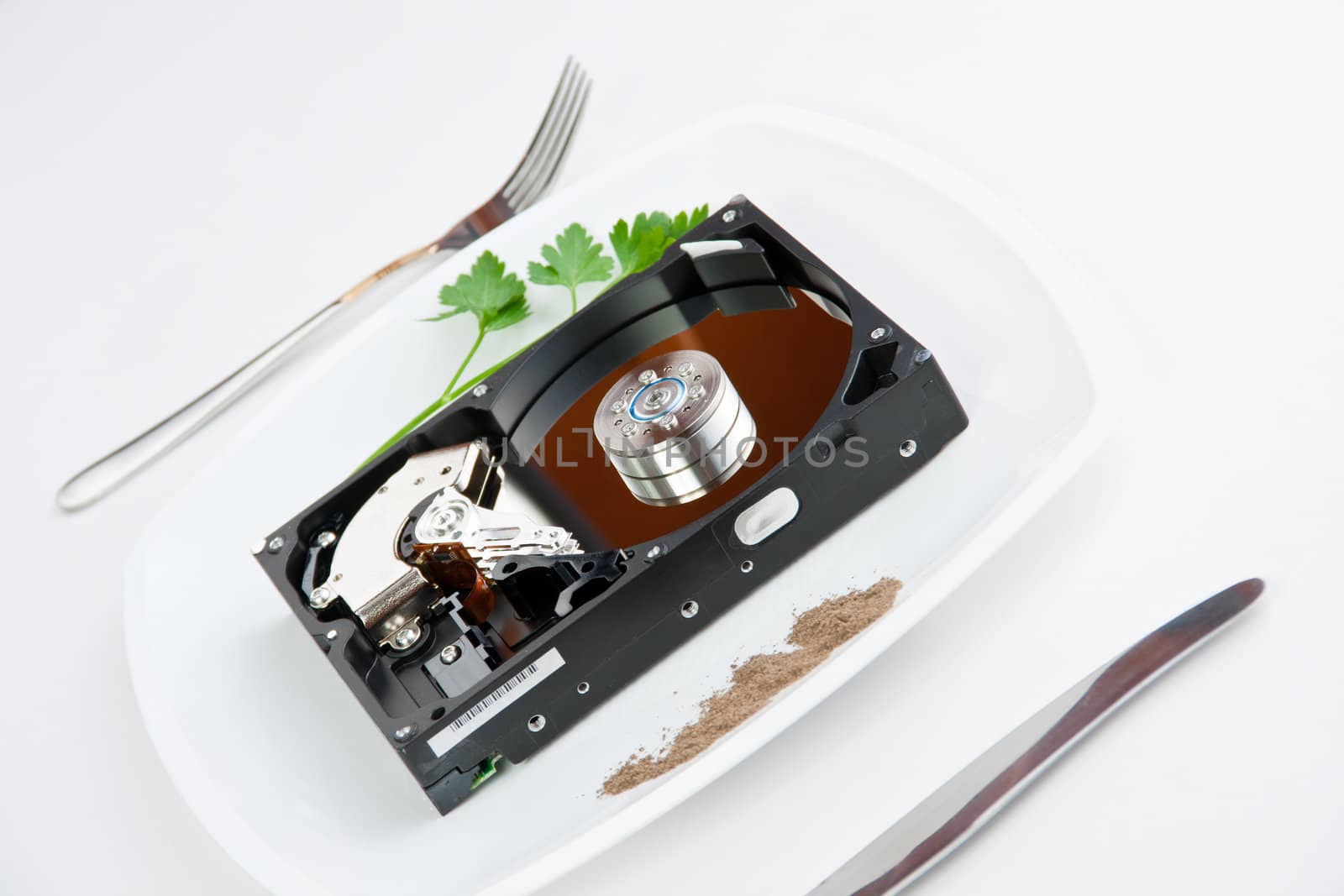 hard drive on the dining plate with seasoning and herbs surrounded by a knife and fork