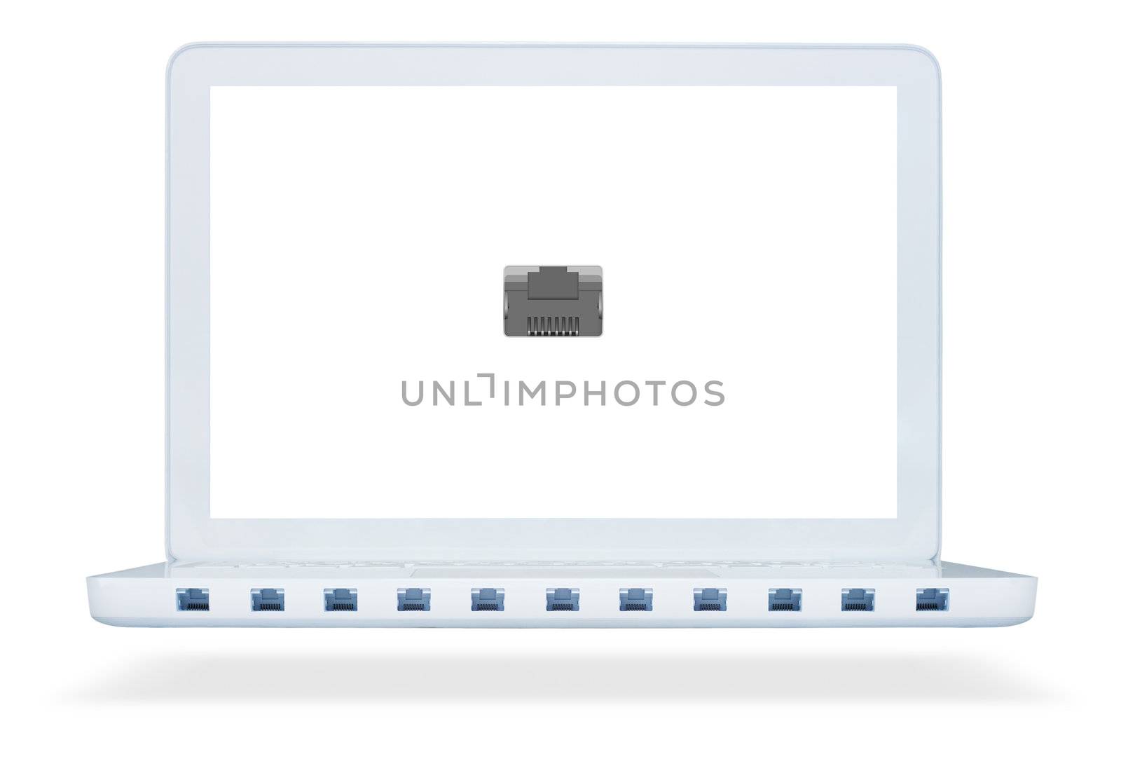 Laptop with a lot of network ports lan. Isolated on white