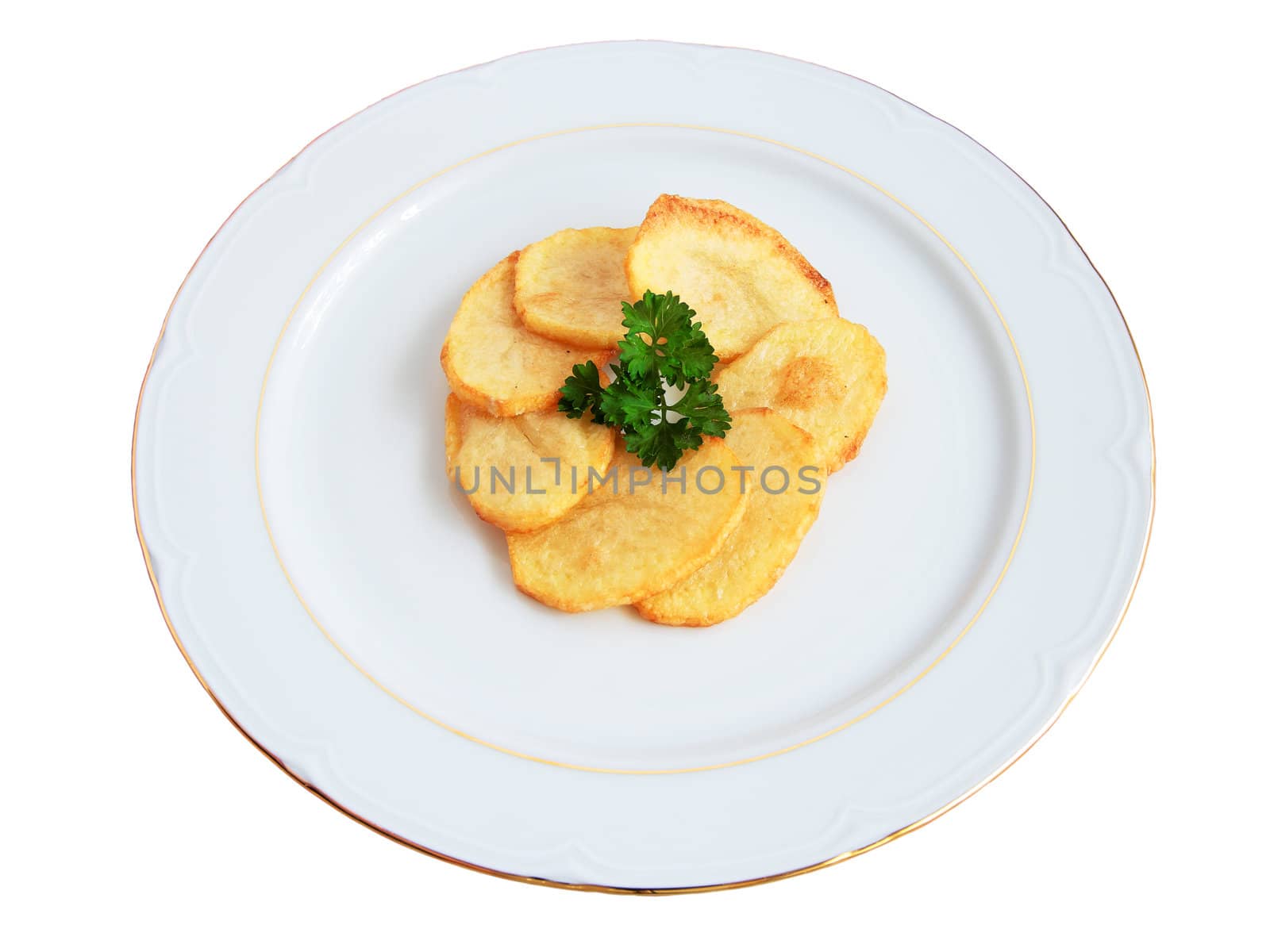 plate of chips with a sprig of parsley cut and isolated