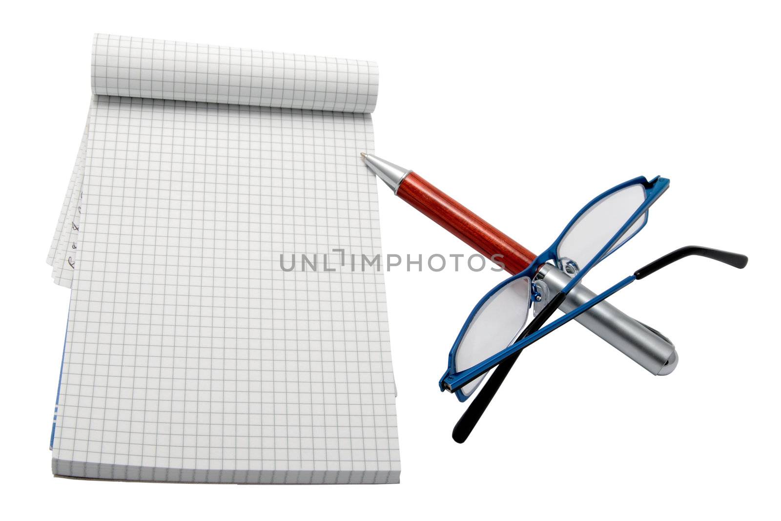 notebook with pen and glasses cut work path