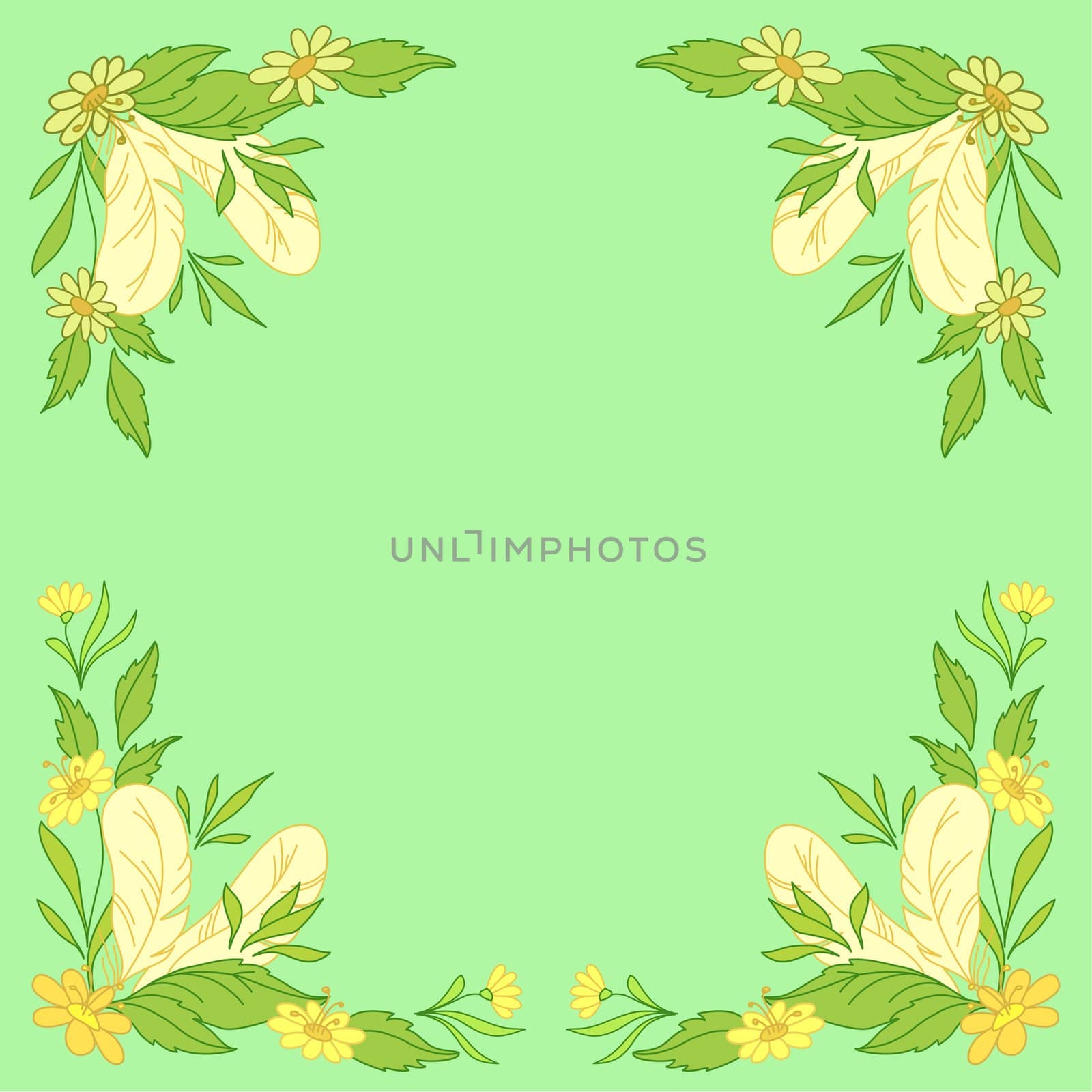 Abstract floral background: leaves, flowers and feathers on green