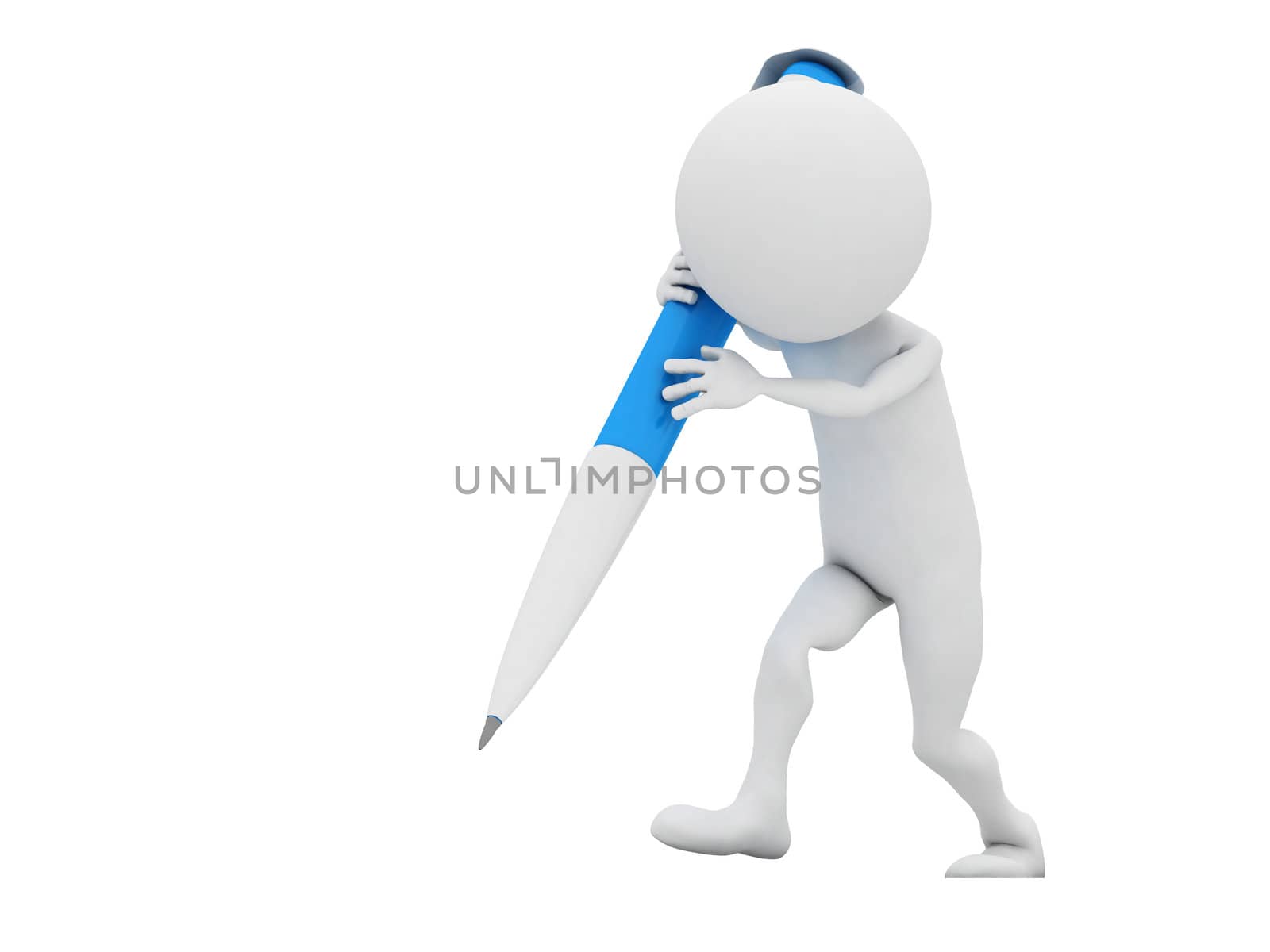 3d man with blue crayon isolated on white