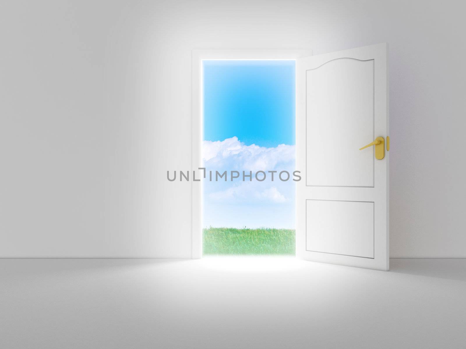 Empty white room with opened door and beautiful view, 3d render