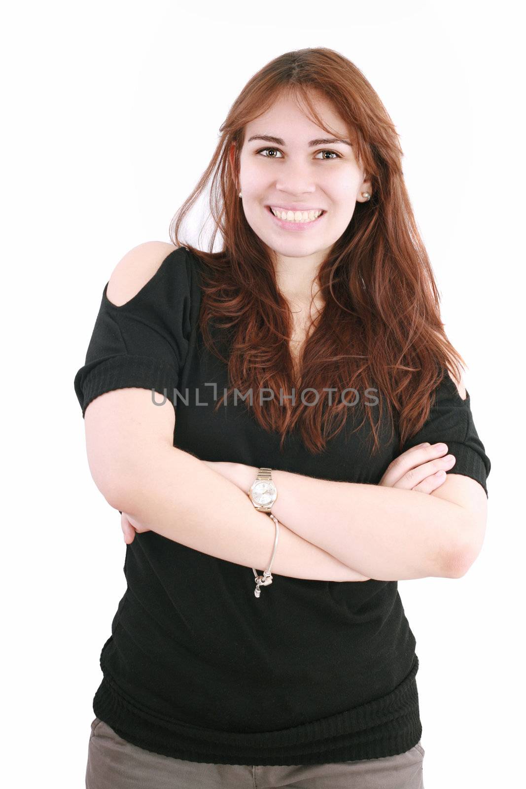 Portrait of beautiful businesswoman smiling isolated over white background