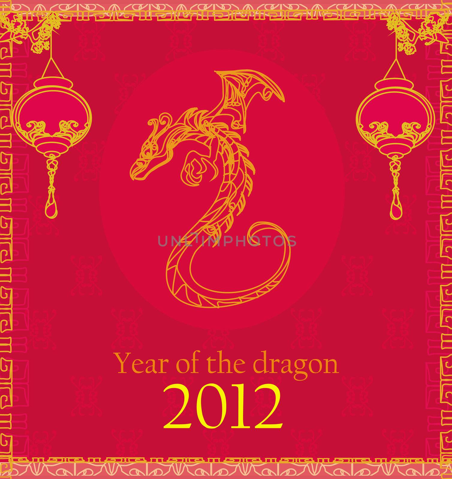 Vector card of year of the dragon and lanterns