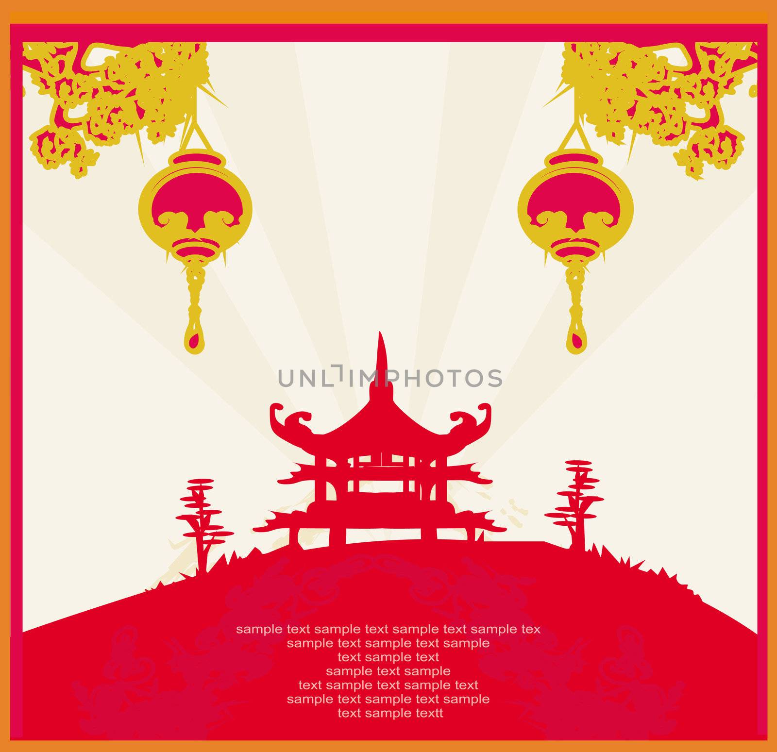 old paper with Asian Landscape and Chinese Lanterns - vintage japanese style background