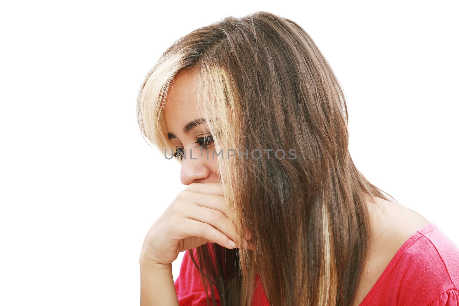 Pretty young beautiful woman with stress looks against isolated white background