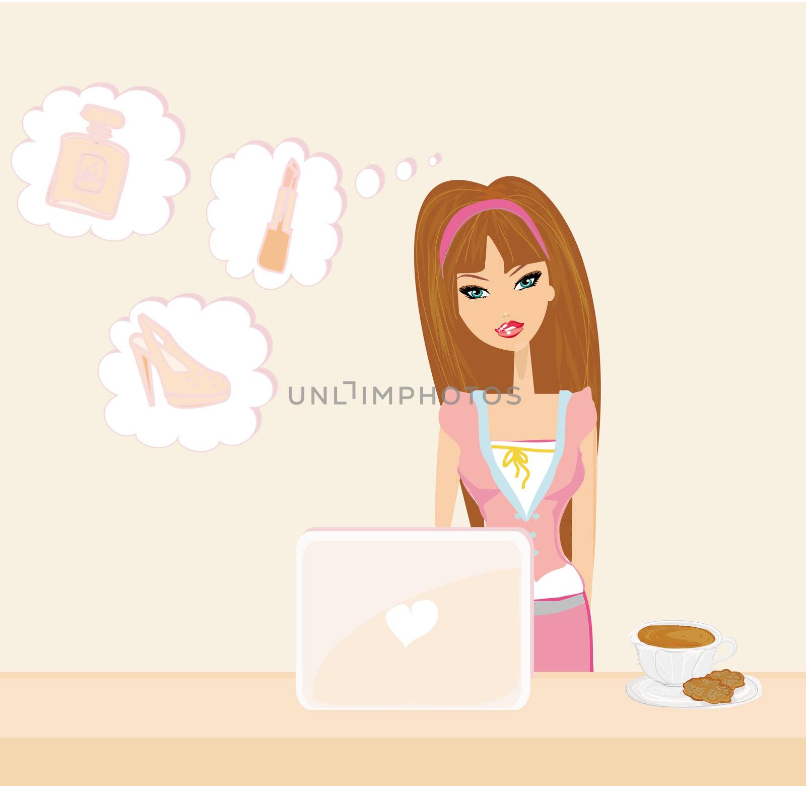 Online shopping - young smiling woman sitting with laptop computer