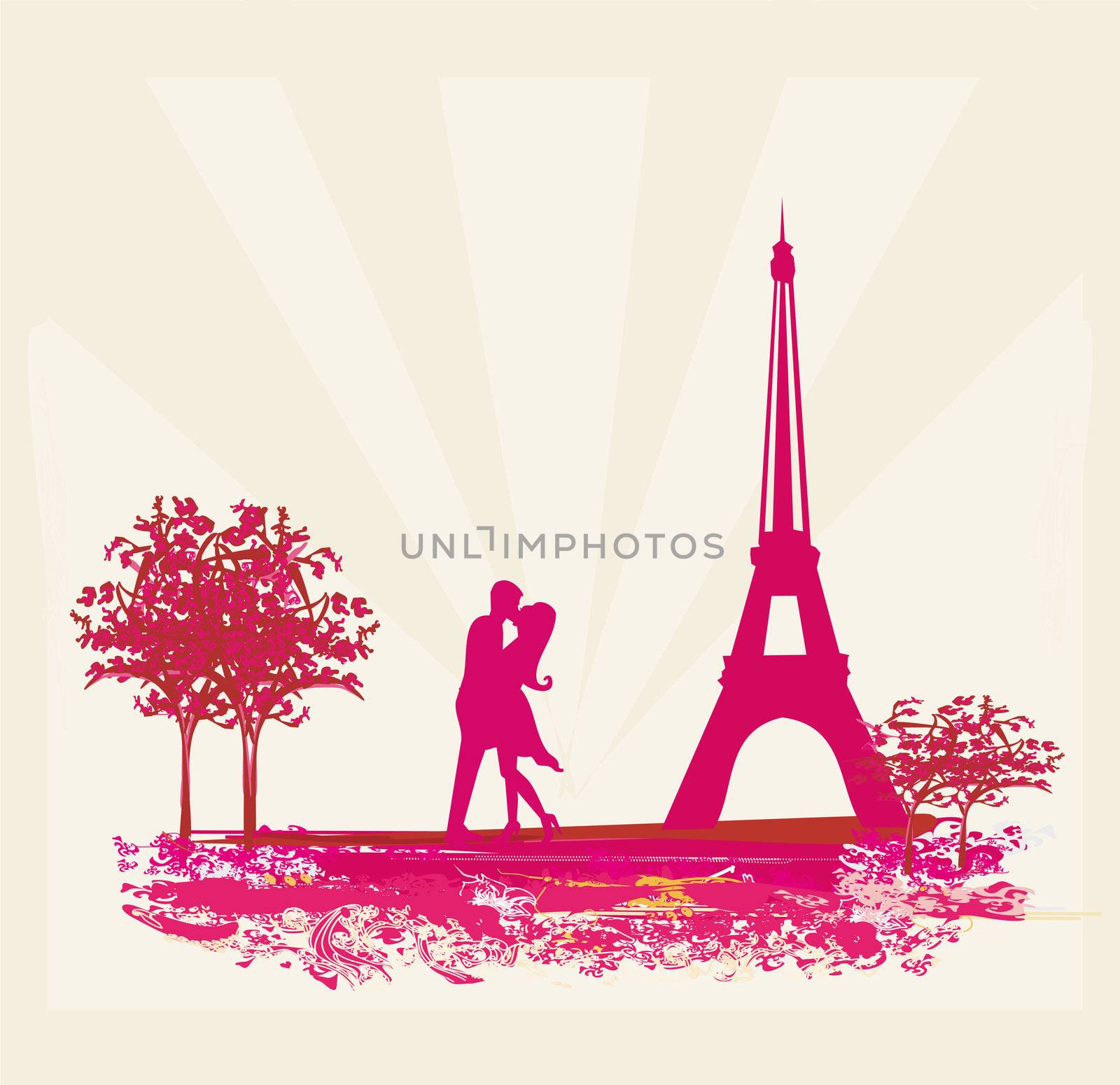 Romantic couple in Paris kissing near the Eiffel Tower Retro card