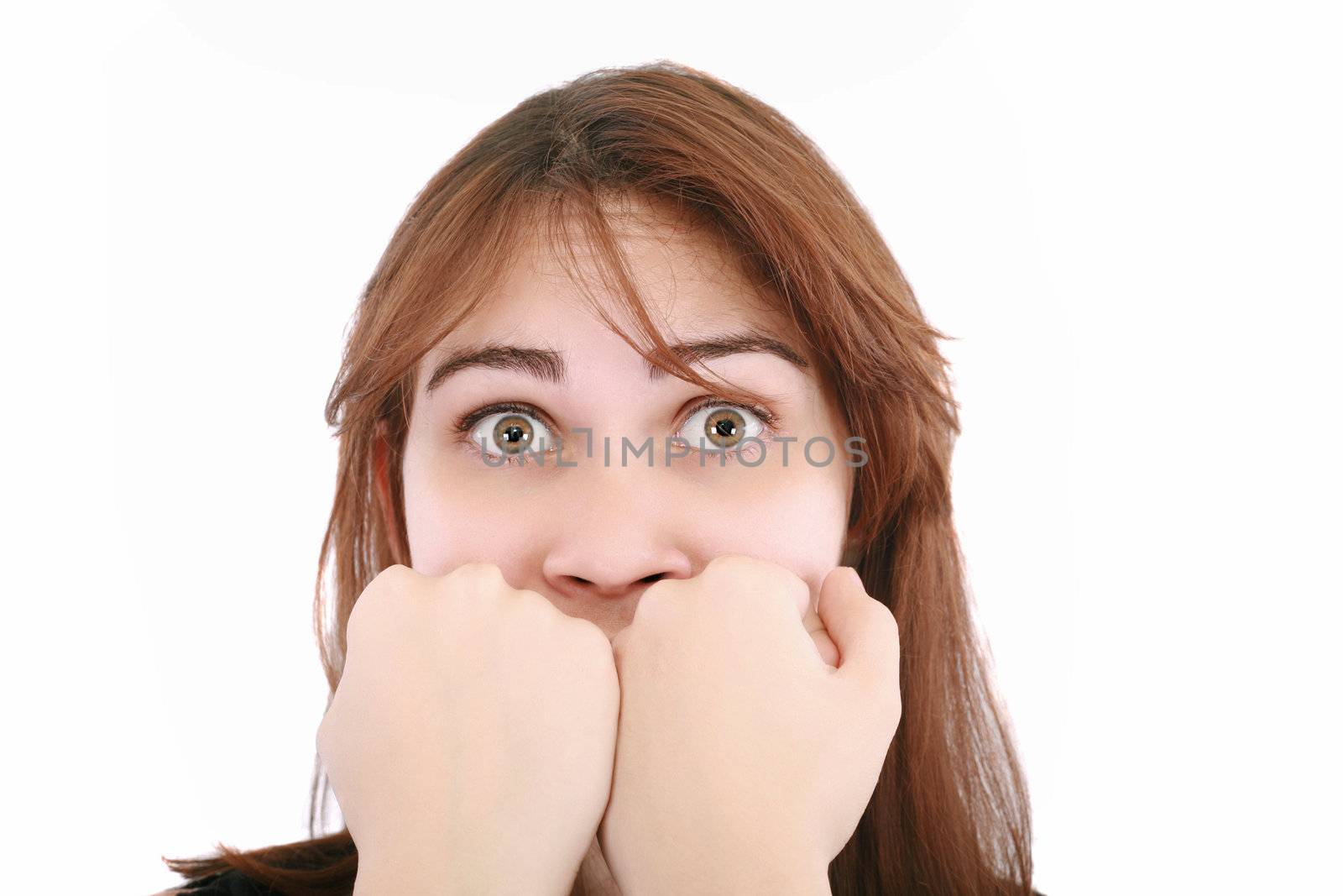 scared woman screaming with hands on the mouth isolated on white by dacasdo