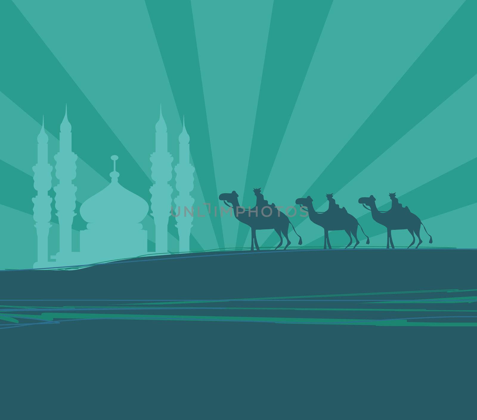 Illustration of traditional Christian Christmas Nativity scene with the three wise men