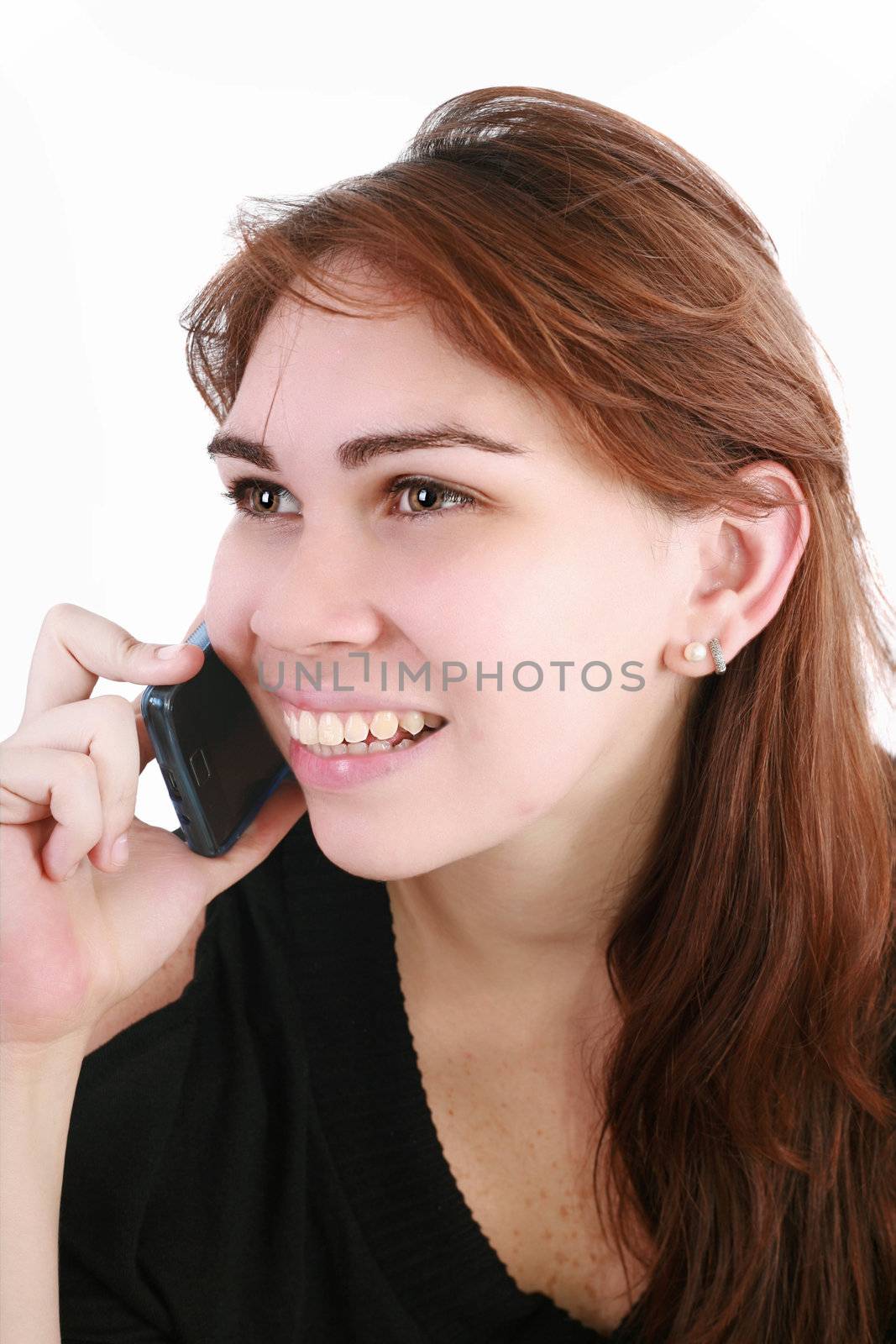 Young business woman talking on the phone - isolated over a white background