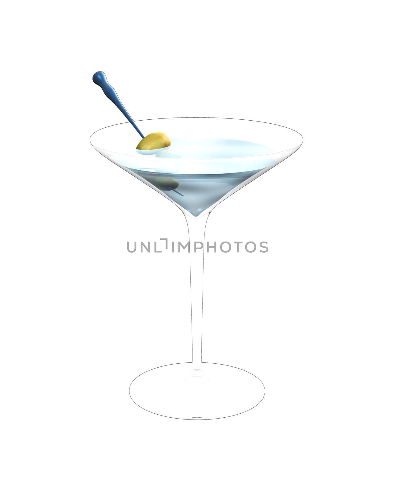 3D illustration of cocktail glass with green olives