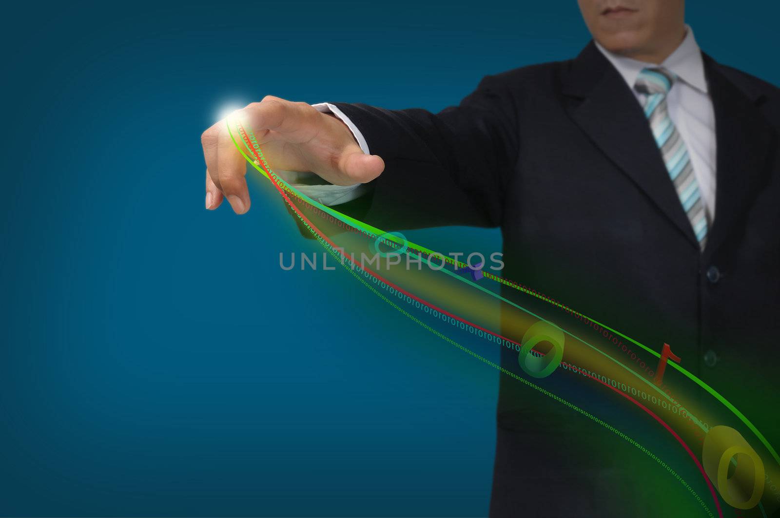 Business Man Pressing or Pushing on touch screen button or interface