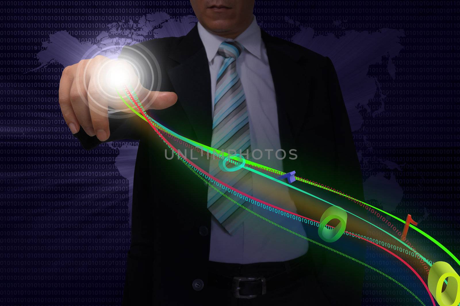 Business Man Pressing or Pushing on touch screen button or interface