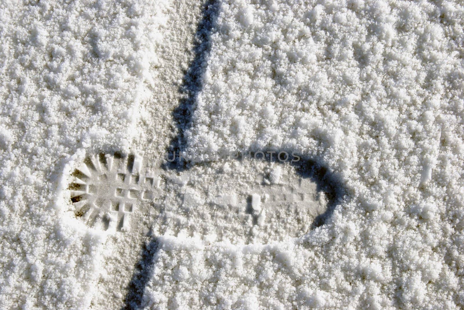 Human foot and bicycle wheel imprint in the snow