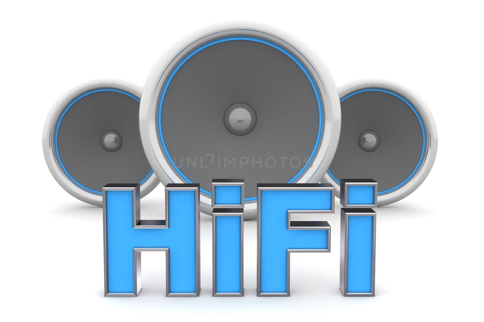 word HiFi with three speakers in background - blue