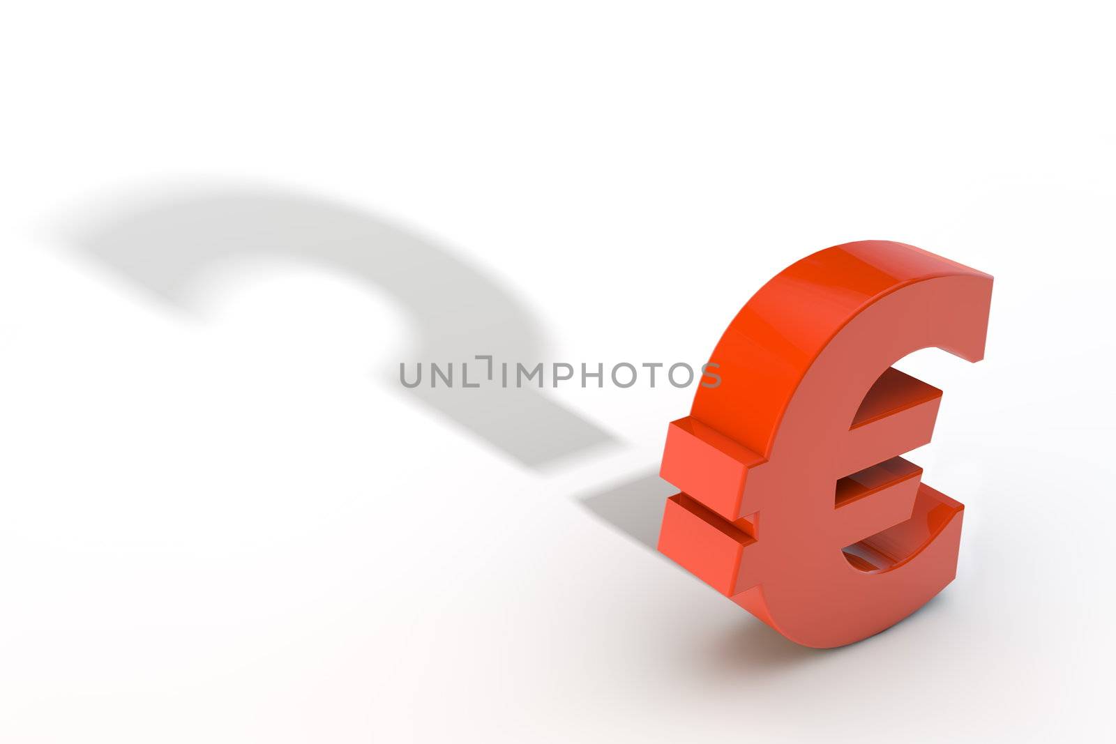 shiny red Euro currency symbol casts a question mark shadow