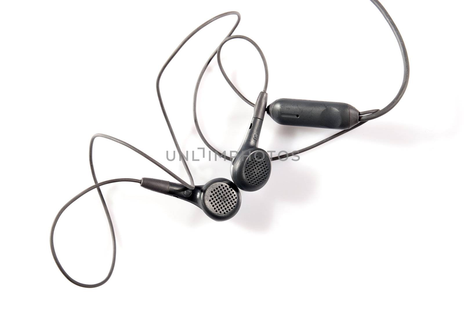 A pair of grey earphones on white background