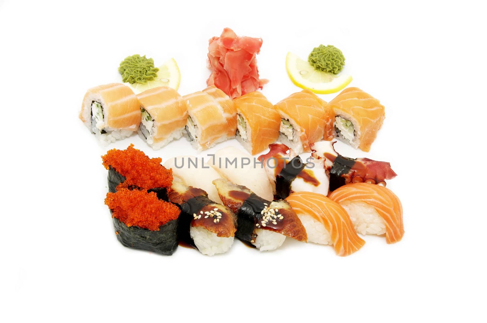 assortment of sushi rice and seafood on white background