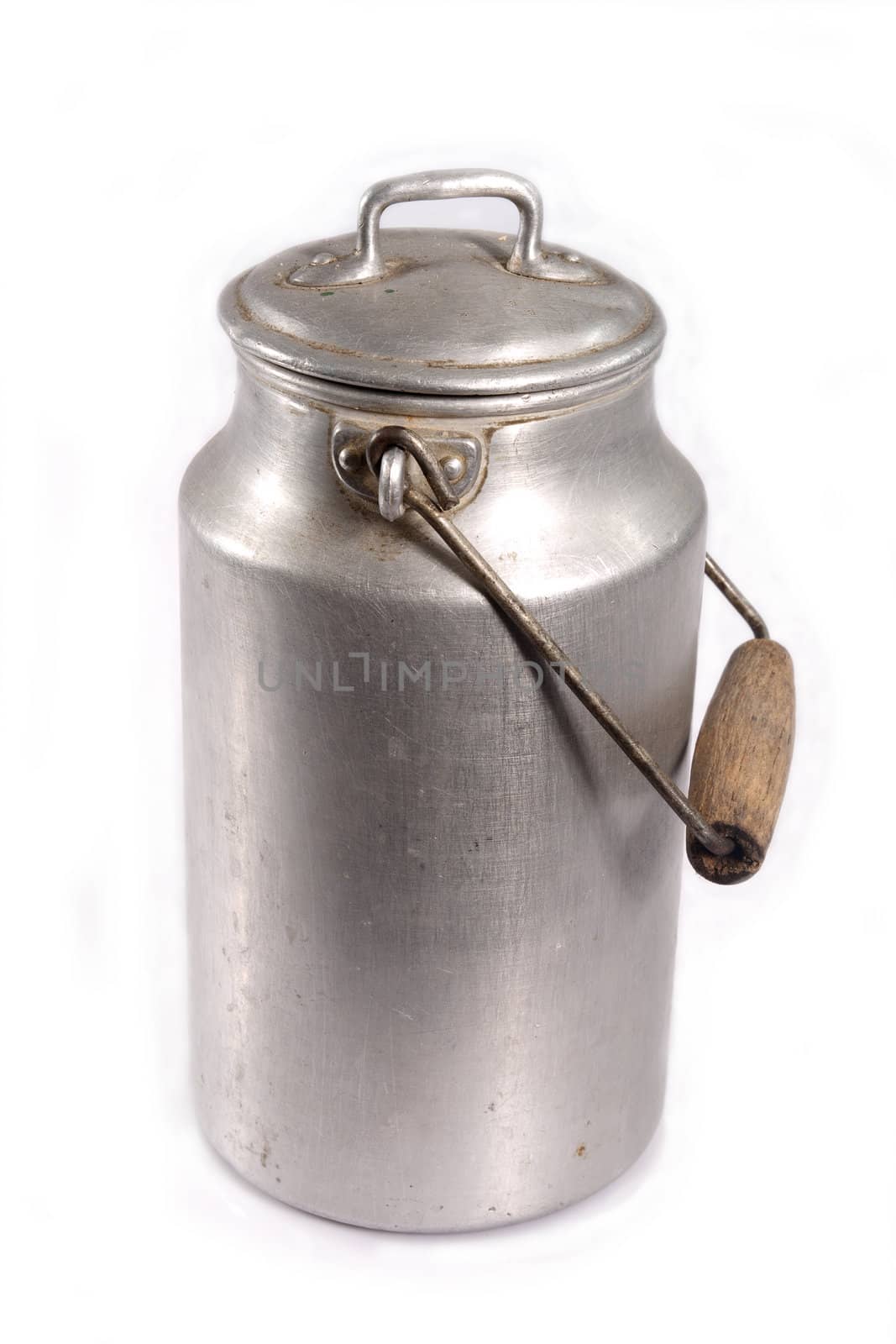 old aluminum milk canister on white background
